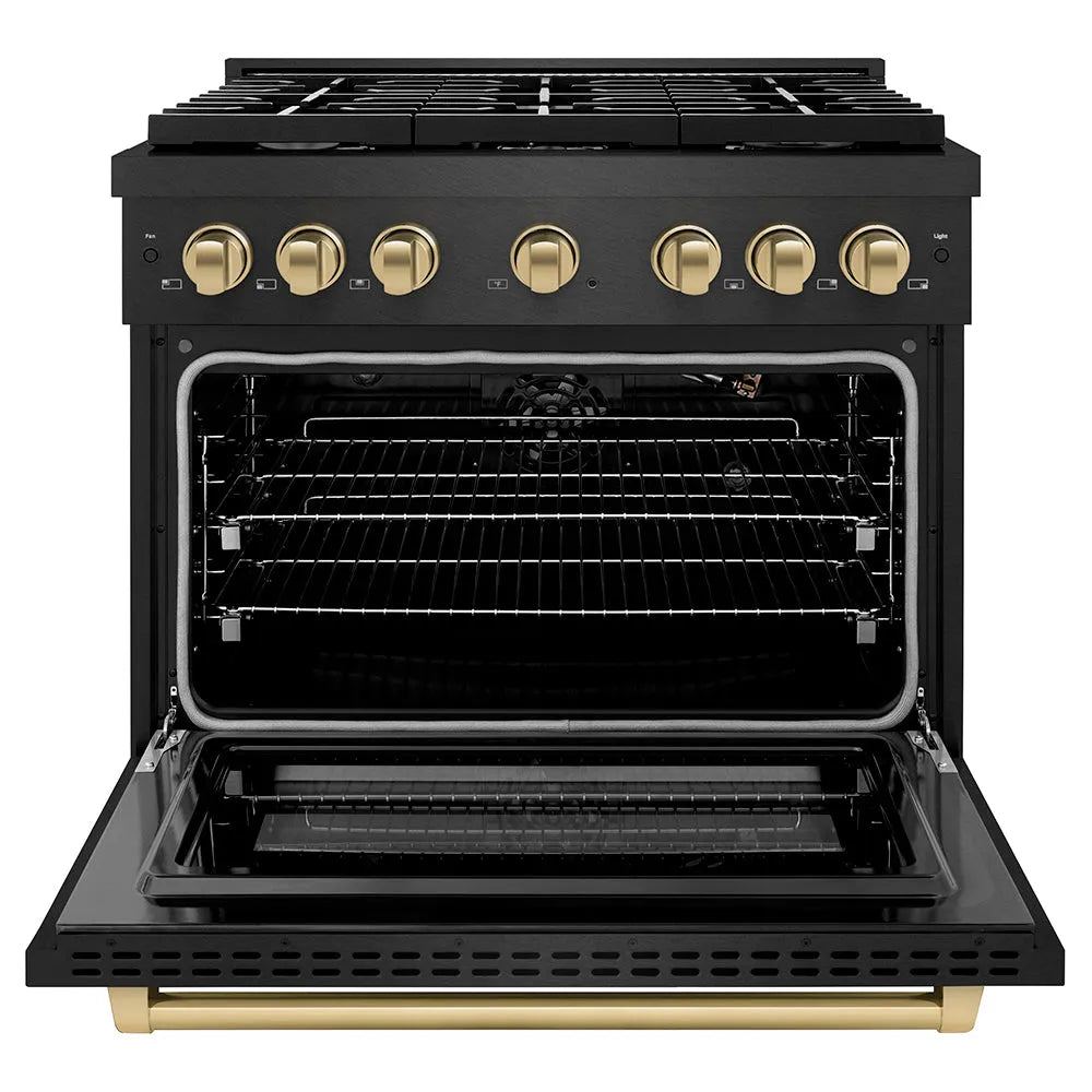 ZLINE Autograph Edition 36 in. 5.2 cu. ft. Paramount Gas Range with 6 Burner Cooktop and Convection Gas Oven in Black Satin Stainless Steel and Champagne Bronze Accents (SGRBSZ-36-CB) front, oven open.