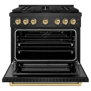 ZLINE Autograph Edition 36 in. 5.2 cu. ft. Paramount Gas Range with 6 Burner Cooktop and Convection Gas Oven in Black Satin Stainless Steel and Champagne Bronze Accents (SGRBSZ-36-CB) front, oven open.