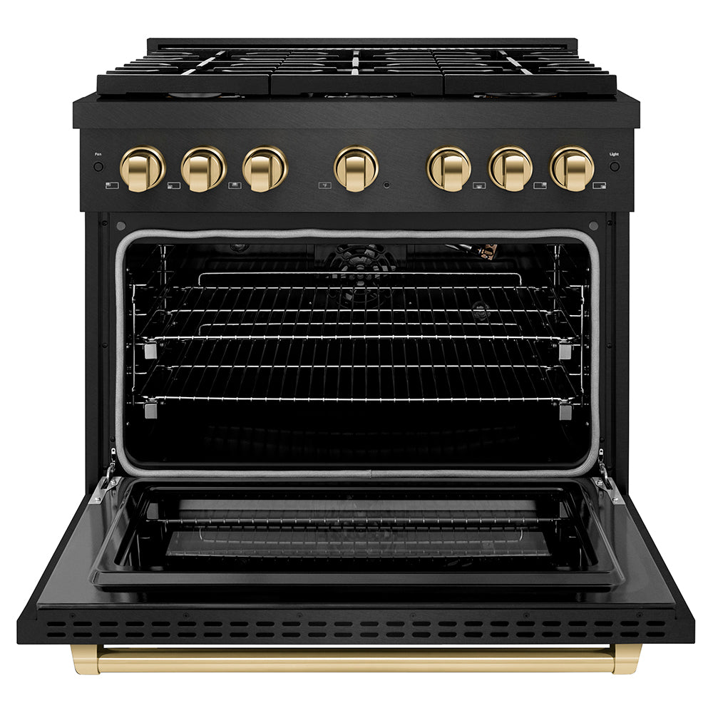 ZLINE Autograph Edition 36 in. 5.2 cu. ft. Paramount Gas Range with 6 Burner Cooktop and Convection Gas Oven in Black Satin Stainless Steel and Polished Gold Accents (SGRBSZ-36-G) front, oven open.
