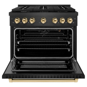 ZLINE Autograph Edition 36 in. 5.2 cu. ft. Paramount Gas Range with 6 Burner Cooktop and Convection Gas Oven in Black Satin Stainless Steel and Polished Gold Accents (SGRBSZ-36-G) front, oven open.