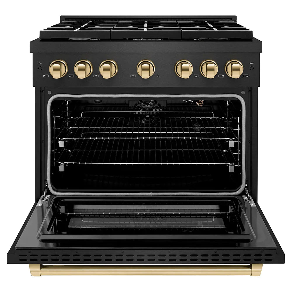 ZLINE Autograph Edition 36 in. 5.2 cu. ft. Paramount Gas Range with 6 Burner Cooktop and Convection Gas Oven in Black Satin Stainless Steel and Polished Gold Accents (SGRBSZ-36-G) front, oven open.