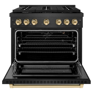 ZLINE Autograph Edition 36 in. 5.2 cu. ft. Paramount Gas Range with 6 Burner Cooktop and Convection Gas Oven in Black Satin Stainless Steel and Polished Gold Accents (SGRBSZ-36-G) front, oven open.