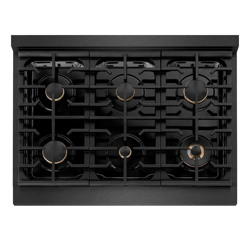 ZLINE Autograph Edition 36 in. 5.2 cu. ft. Paramount Gas Range with 6 Burner Cooktop and Convection Gas Oven in Black Satin Stainless Steel and Polished Gold Accents (SGRBSZ-36-G) top-down, above cooktop.