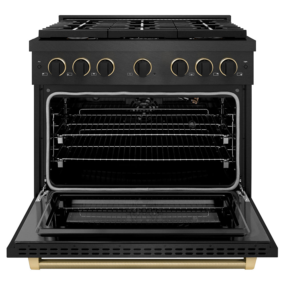 ZLINE Designer Collection 36 in. 5.2 cu. ft. Paramount Gas Range with 6 Burner Cooktop and Convection Gas Oven in Black Satin Stainless Steel with Matte Black and Champagne Bronze Accents (SGRBSZ-36-MBCB) front, oven open.