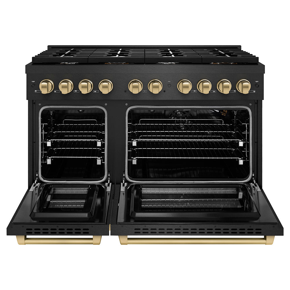 ZLINE Autograph Edition 48 in. 6.7 cu. ft. Paramount Double Oven Gas Range with 8 Burner Cooktop in Black Satin Stainless Steel and Champagne Bronze Accents (SGRBSZ-48-CB) front, oven open.