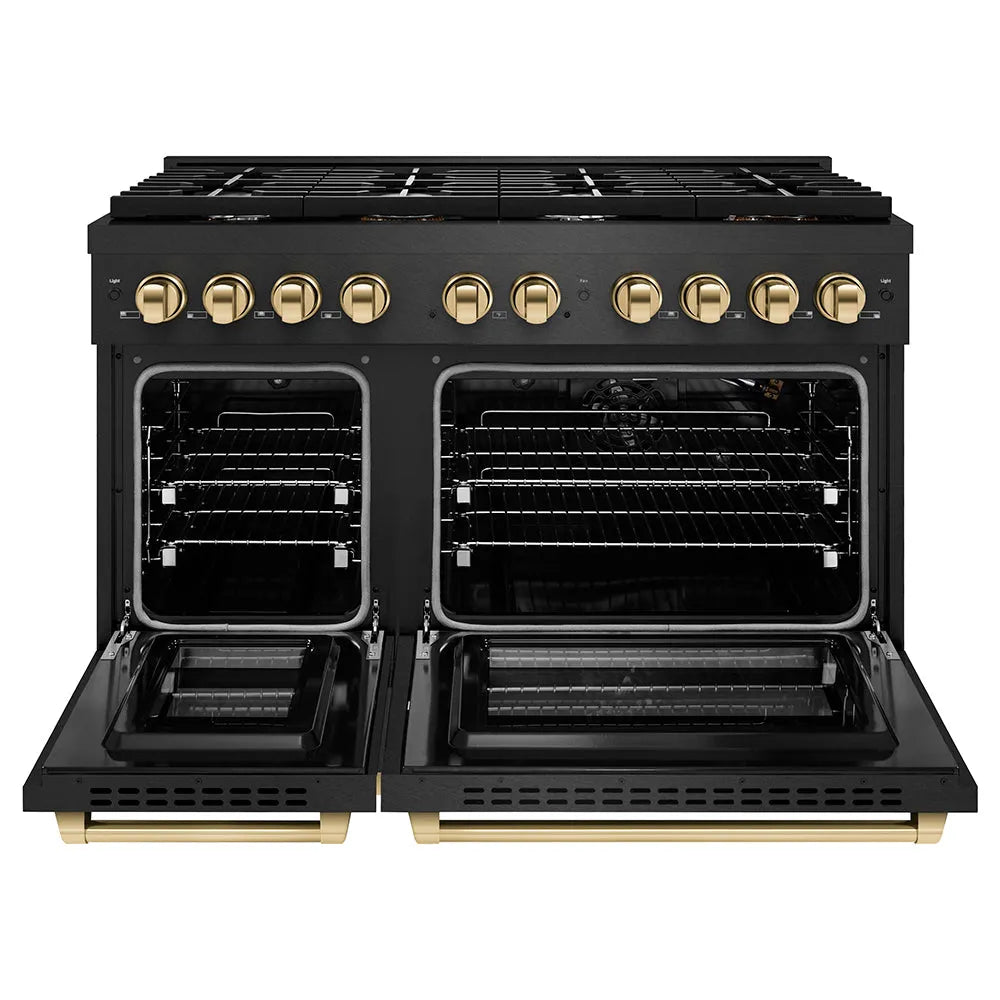 ZLINE Autograph Edition 48 in. 6.7 cu. ft. Paramount Double Oven Gas Range with 8 Burner Cooktop in Black Satin Stainless Steel and Polished Gold Accents (SGRBSZ-48-G) front, oven open.