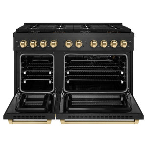ZLINE Autograph Edition 48 in. 6.7 cu. ft. Paramount Double Oven Gas Range with 8 Burner Cooktop in Black Satin Stainless Steel and Polished Gold Accents (SGRBSZ-48-G) front, oven open.