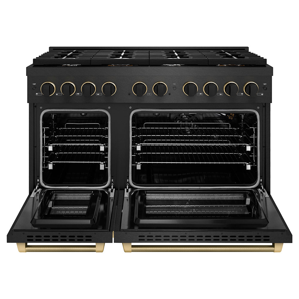 ZLINE Designer Collection 48 in. 6.7 cu. ft. Paramount Double Oven Gas Range with 8 Burner Cooktop in Black Satin Stainless Steel with Matte Black and Champagne Bronze Accents (SGRBSZ-48-MBCB) front, oven open.