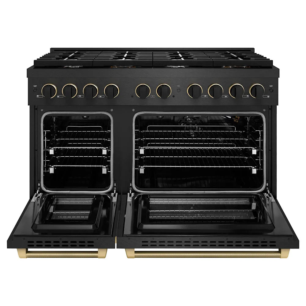 ZLINE Designer Collection 48 in. 6.7 cu. ft. Paramount Double Oven Gas Range with 8 Burner Cooktop in Black Satin Stainless Steel with Matte Black and Champagne Bronze Accents (SGRBSZ-48-MBCB) front, oven open.