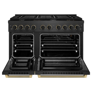 ZLINE Designer Collection 48 in. 6.7 cu. ft. Paramount Double Oven Gas Range with 8 Burner Cooktop in Black Satin Stainless Steel with Matte Black and Champagne Bronze Accents (SGRBSZ-48-MBCB) front, oven open.