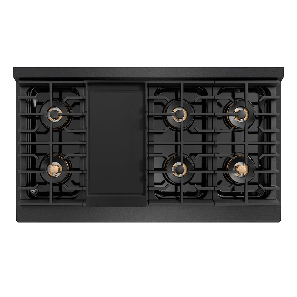 ZLINE Designer Collection 48 in. 6.7 cu. ft. Paramount Gas Range with 8 Burner DuoPro™ Cooktop and Dual Ovens in Black Satin Stainless Steel with Matte Black and Champagne Bronze Accents (PSGRBSZ-48-MBCB) top-down, above cooktop.