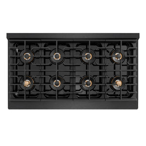 ZLINE 48 in. 6.7 cu. ft. Paramount Gas Range with 8 Burner DuoPro™ Cooktop and Dual Ovens in Black Satin Stainless Steel (PSGRBS-48) top-down, above cooktop.
