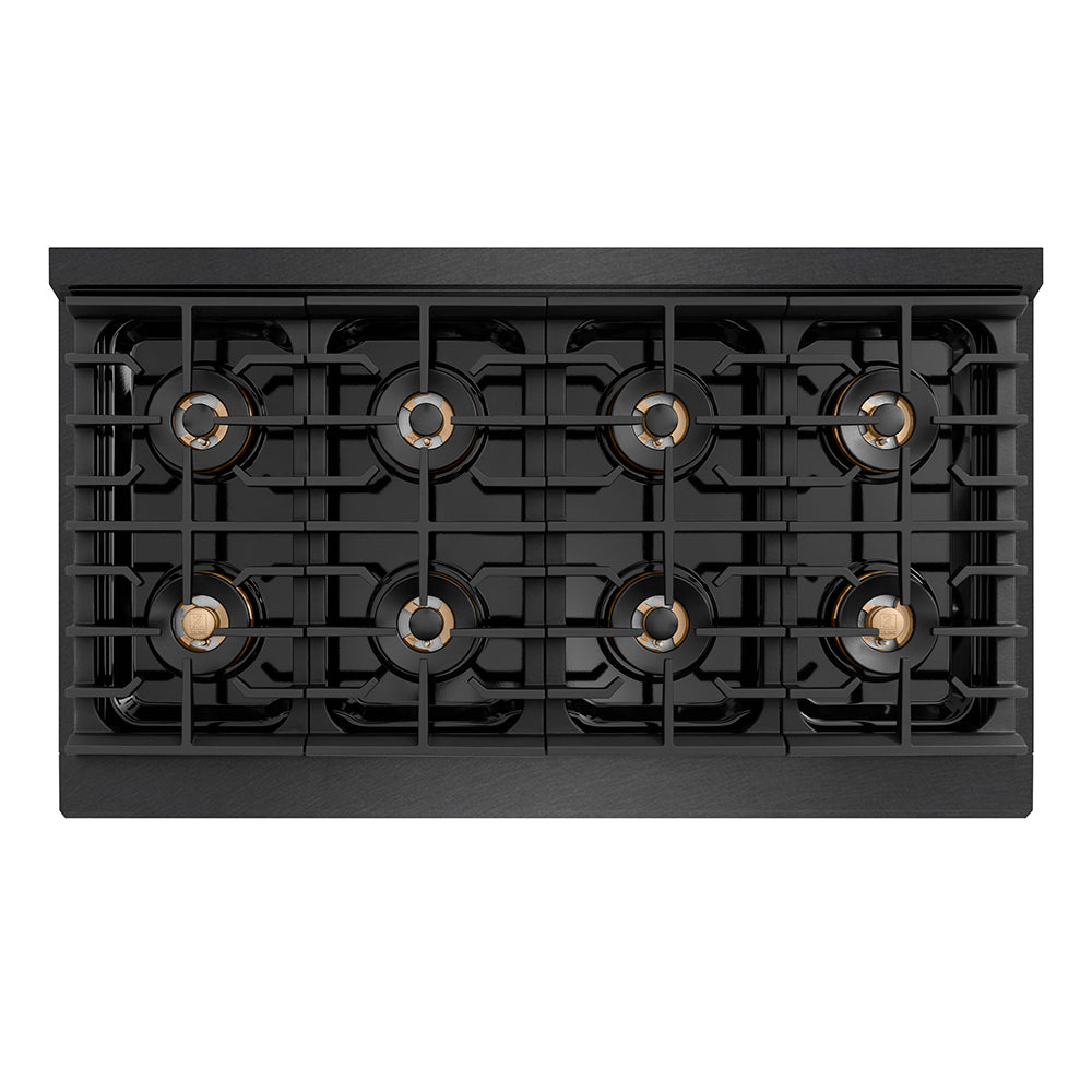 ZLINE Autograph Edition 48 in. 6.7 cu. ft. Paramount Gas Range with 8 Burner DuoPro™ Cooktop and Dual Ovens in Black Satin Stainless Steel and Polished Gold Accents (PSGRBSZ-48-G) top-down, above cooktop.