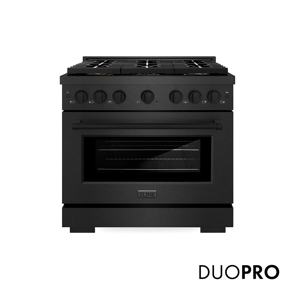 ZLINE 36 in. 5.2 cu. ft. Paramount Gas Range with 6 Burner DuoPro™ Cooktop and Convection Gas Oven in Black Satin Stainless Steel (PSGRBS-36) front, with DuoPro™ logo.