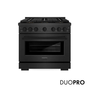 ZLINE 36 in. 5.2 cu. ft. Paramount Gas Range with 6 Burner DuoPro™ Cooktop and Convection Gas Oven in Black Satin Stainless Steel (PSGRBS-36) front, with DuoPro™ logo.