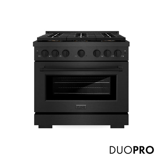 ZLINE 36 in. 5.2 cu. ft. Paramount Gas Range with 6 Burner DuoPro™ Cooktop and Convection Gas Oven in Black Satin Stainless Steel (PSGRBS-36) front, with DuoPro™ logo.