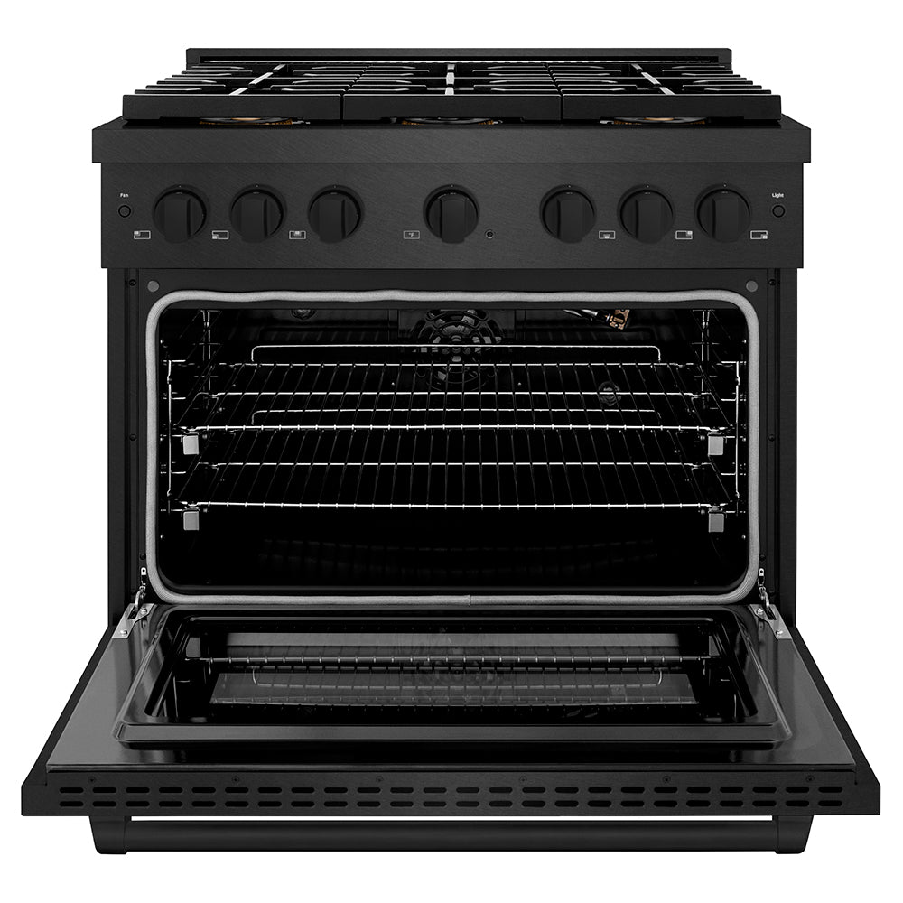 ZLINE 36 in. 5.2 cu. ft. Paramount Gas Range with 6 Burner DuoPro™ Cooktop and Convection Gas Oven in Black Satin Stainless Steel (PSGRBS-36) front, oven open.