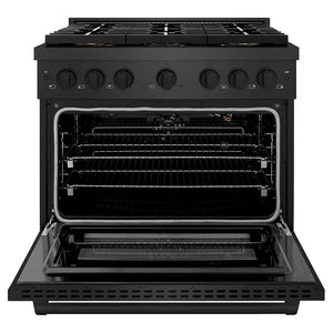 ZLINE 36 in. 5.2 cu. ft. Paramount Gas Range with 6 Burner DuoPro™ Cooktop and Convection Gas Oven in Black Satin Stainless Steel (PSGRBS-36) front, oven open.