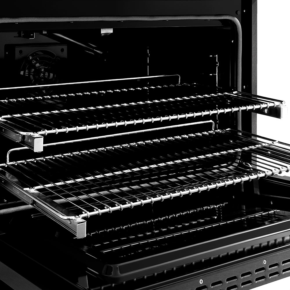 ZLINE 36 in. 5.2 cu. ft. Paramount Gas Range with 6 Burner DuoPro™ Cooktop and Convection Gas Oven in Black Satin Stainless Steel (PSGRBS-36) oven open with racks extended, showing interior design and structure.