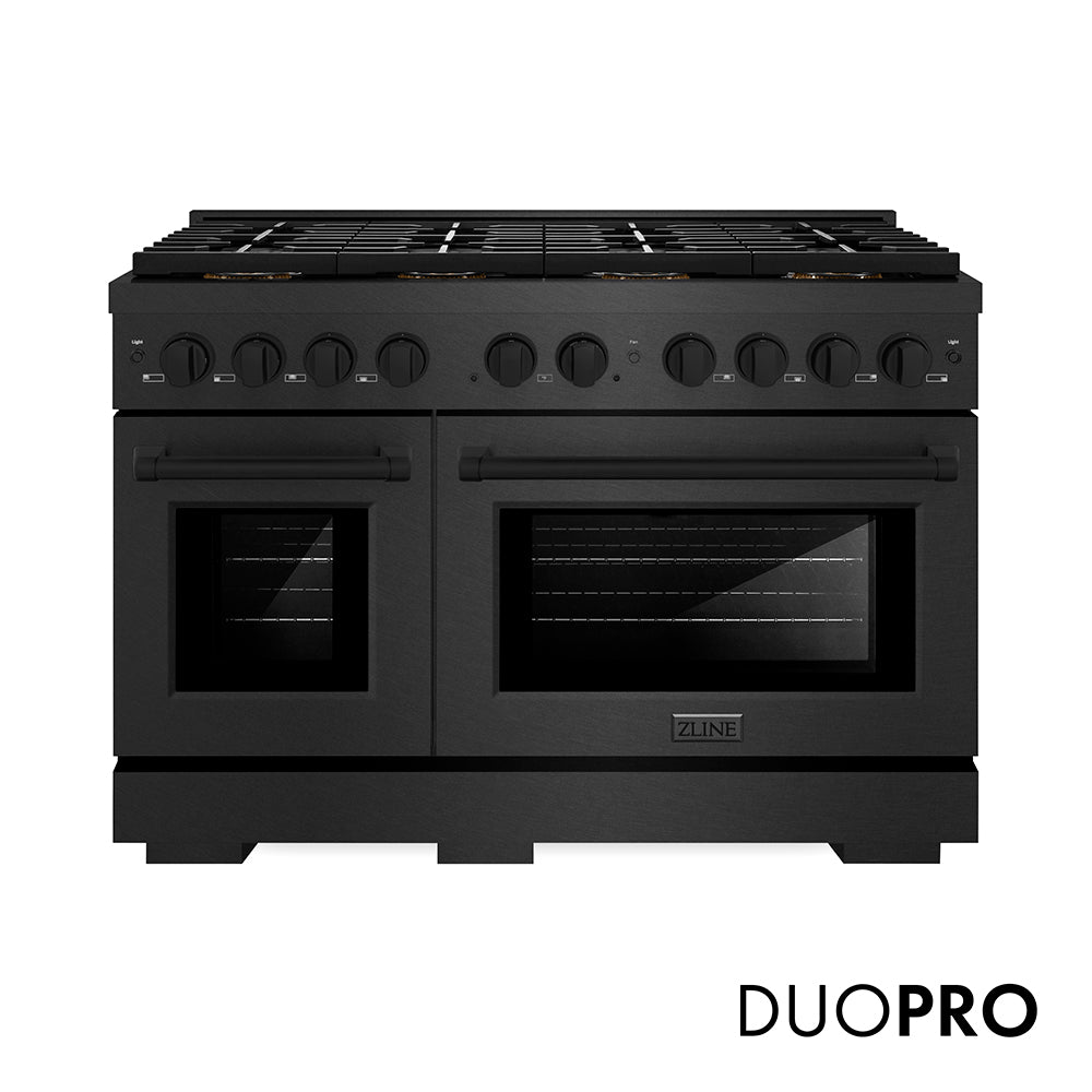 ZLINE 48 in. 6.7 cu. ft. Paramount Gas Range with 8 Burner DuoPro™ Cooktop and Dual Ovens in Black Satin Stainless Steel (PSGRBS-48) front, with DuoPro™ logo.