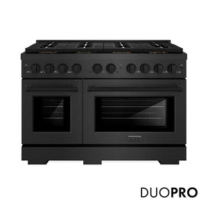 ZLINE 48 in. 6.7 cu. ft. Paramount Gas Range with 8 Burner DuoPro™ Cooktop and Dual Ovens in Black Satin Stainless Steel (PSGRBS-48) front, with DuoPro™ logo.