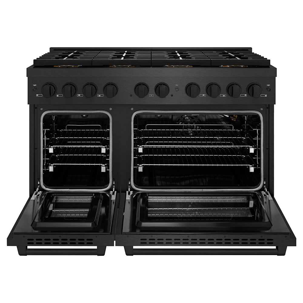 ZLINE 48 in. 6.7 cu. ft. Paramount Gas Range with 8 Burner DuoPro™ Cooktop and Dual Ovens in Black Satin Stainless Steel (PSGRBS-48) front, oven open.