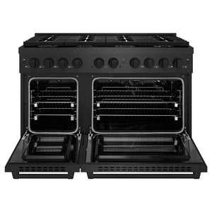 ZLINE 48 in. 6.7 cu. ft. Paramount Gas Range with 8 Burner DuoPro™ Cooktop and Dual Ovens in Black Satin Stainless Steel (PSGRBS-48) front, oven open.