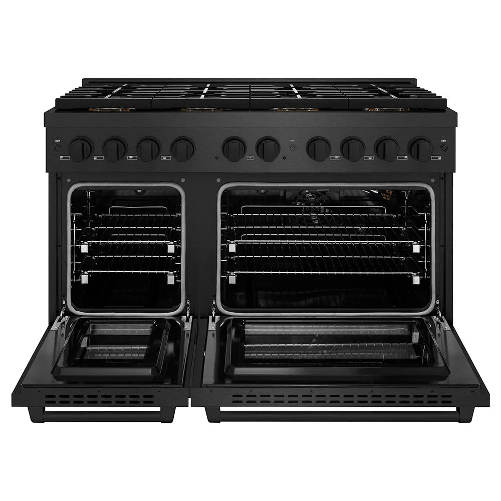 ZLINE 48 in. 6.7 cu. ft. Paramount Gas Range with 8 Burner DuoPro™ Cooktop and Dual Ovens in Black Satin Stainless Steel (PSGRBS-48) front, oven open.