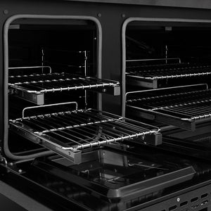 ZLINE 48 in. 6.7 cu. ft. Paramount Gas Range with 8 Burner DuoPro™ Cooktop and Dual Ovens in Black Satin Stainless Steel (PSGRBS-48) oven open with racks extended, showing interior design and structure.
