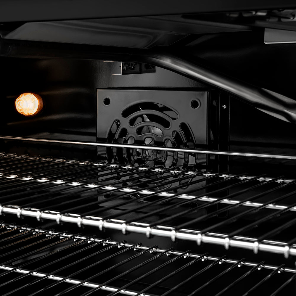 ZLINE Autograph Edition 30 in. 4.2 cu. ft. Paramount Gas Range with 4 Burner DuoPro™ Cooktop and Convection Gas Oven in Black Satin Stainless Steel and Champagne Bronze Accents (PSGRBSZ-30-CB) convection fan and lighting inside oven.