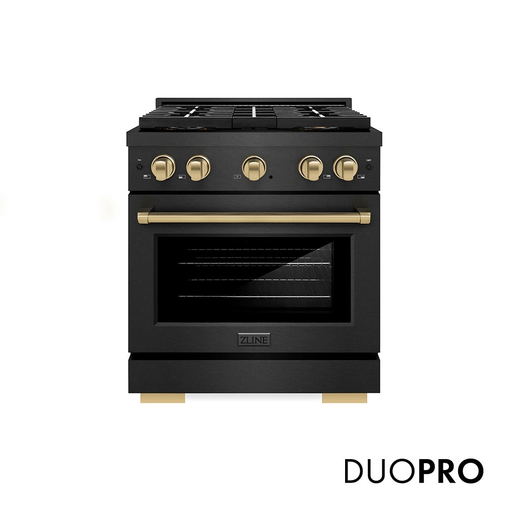 ZLINE Autograph Edition 30 in. 4.2 cu. ft. Paramount Gas Range with 4 Burner DuoPro™ Cooktop and Convection Gas Oven in Black Satin Stainless Steel and Champagne Bronze Accents (PSGRBSZ-30-CB)