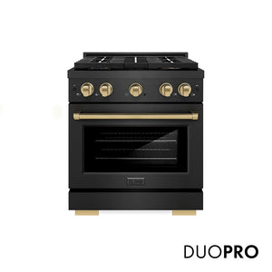 ZLINE Autograph Edition 30 in. 4.2 cu. ft. Paramount Gas Range with 4 Burner DuoPro™ Cooktop and Convection Gas Oven in Black Satin Stainless Steel and Champagne Bronze Accents (PSGRBSZ-30-CB)