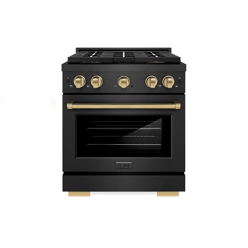 ZLINE Autograph Edition 30 in. 4.2 cu. ft. Paramount Gas Range with 4 Burner DuoPro™ Cooktop and Convection Gas Oven in Black Satin Stainless Steel and Champagne Bronze Accents (PSGRBSZ-30-CB)