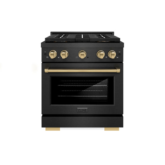 ZLINE Autograph Edition 30 in. 4.2 cu. ft. Paramount Gas Range with 4 Burner DuoPro™ Cooktop and Convection Gas Oven in Black Satin Stainless Steel and Champagne Bronze Accents (PSGRBSZ-30-CB)