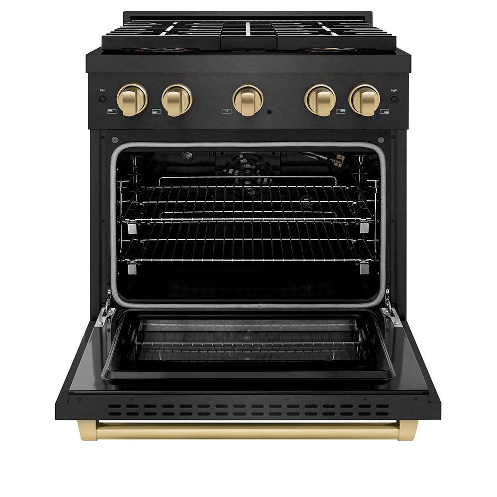 ZLINE Autograph Edition 30 in. 4.2 cu. ft. Paramount Gas Range with 4 Burner DuoPro™ Cooktop and Convection Gas Oven in Black Satin Stainless Steel and Champagne Bronze Accents (PSGRBSZ-30-CB) front, oven open.