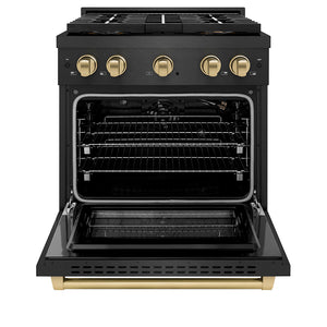 ZLINE Autograph Edition 30 in. 4.2 cu. ft. Paramount Gas Range with 4 Burner DuoPro™ Cooktop and Convection Gas Oven in Black Satin Stainless Steel and Champagne Bronze Accents (PSGRBSZ-30-CB) front, oven open.