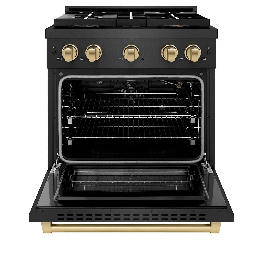 ZLINE Autograph Edition 30 in. 4.2 cu. ft. Paramount Gas Range with 4 Burner DuoPro™ Cooktop and Convection Gas Oven in Black Satin Stainless Steel and Champagne Bronze Accents (PSGRBSZ-30-CB)