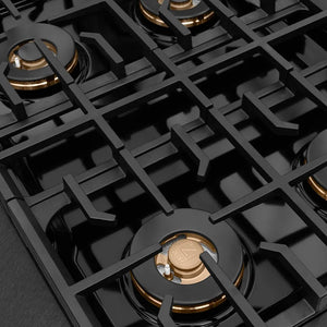 ZLINE Autograph Edition 30 in. 4.2 cu. ft. Paramount Gas Range with 4 Burner DuoPro™ Cooktop and Convection Gas Oven in Black Satin Stainless Steel and Polished Gold Accents (PSGRBSZ-30-G) DuoPro™ burner spread and grates.