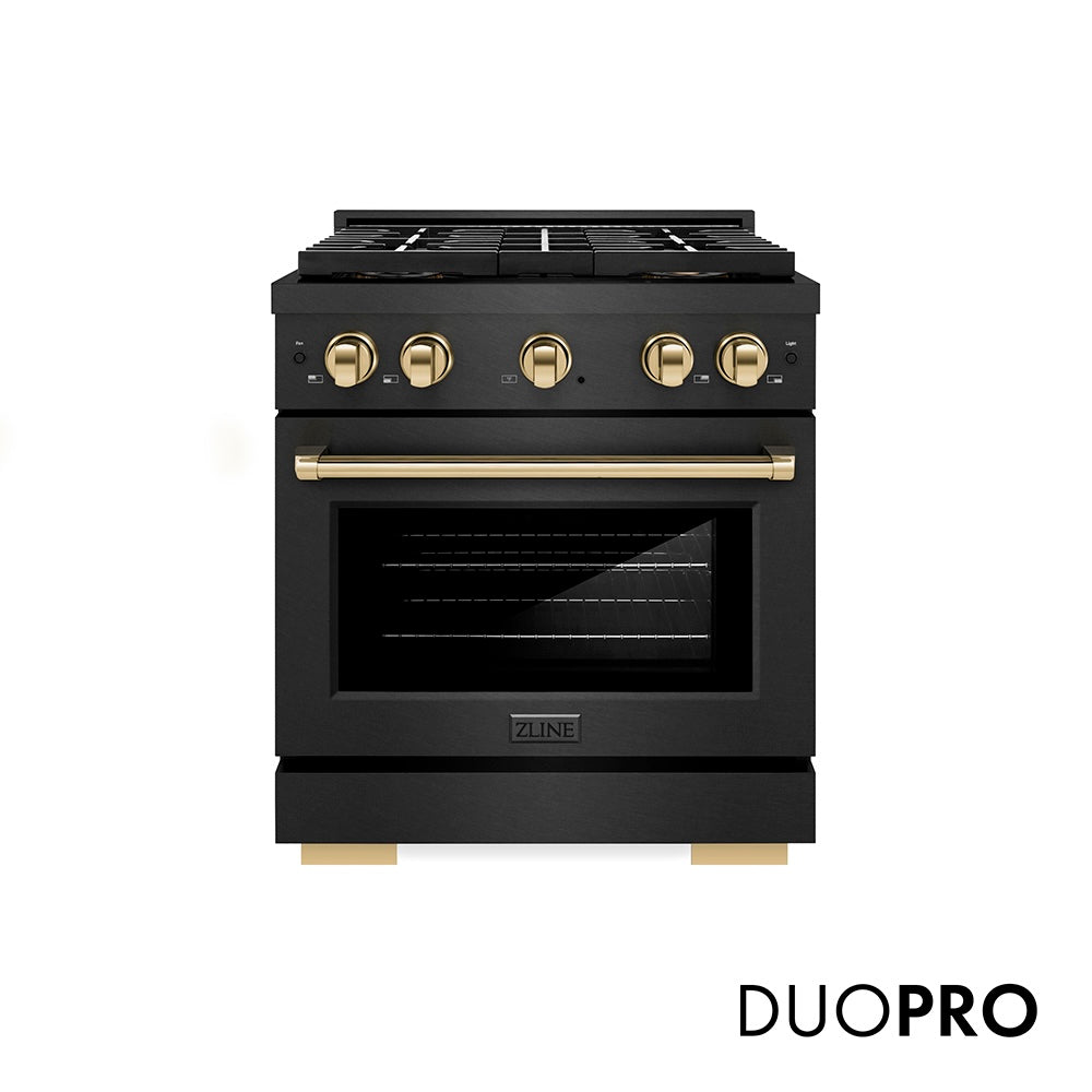 ZLINE Autograph Edition 30 in. 4.2 cu. ft. Paramount Gas Range with 4 Burner DuoPro™ Cooktop and Convection Gas Oven in Black Satin Stainless Steel and Polished Gold Accents (PSGRBSZ-30-G)
