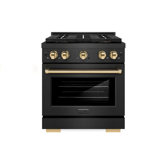 ZLINE Autograph Edition 30 in. 4.2 cu. ft. Paramount Gas Range with 4 Burner DuoPro™ Cooktop and Convection Gas Oven in Black Satin Stainless Steel and Polished Gold Accents (PSGRBSZ-30-G)