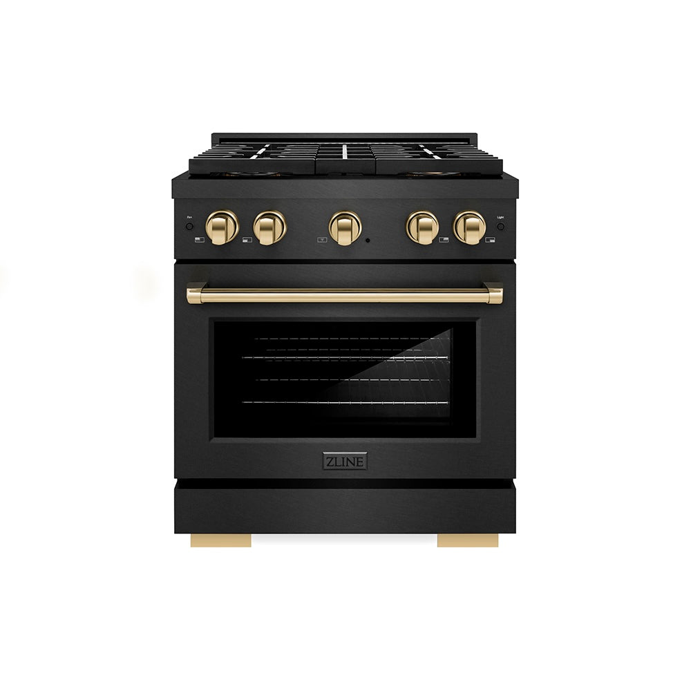 ZLINE Autograph Edition 30 in. 4.2 cu. ft. Paramount Gas Range with 4 Burner DuoPro™ Cooktop and Convection Gas Oven in Black Satin Stainless Steel and Polished Gold Accents (PSGRBSZ-30-G)