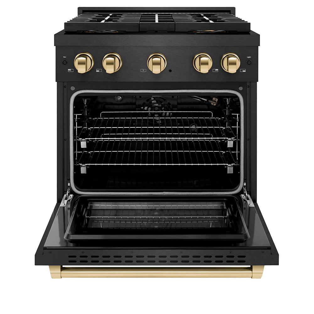 ZLINE Autograph Edition 30 in. 4.2 cu. ft. Paramount Gas Range with 4 Burner DuoPro™ Cooktop and Convection Gas Oven in Black Satin Stainless Steel and Polished Gold Accents (PSGRBSZ-30-G) front, oven open.