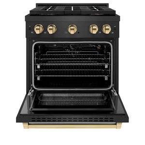 ZLINE Autograph Edition 30 in. 4.2 cu. ft. Paramount Gas Range with 4 Burner DuoPro™ Cooktop and Convection Gas Oven in Black Satin Stainless Steel and Polished Gold Accents (PSGRBSZ-30-G) front, oven open.