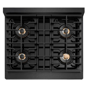 ZLINE Autograph Edition 30 in. 4.2 cu. ft. Paramount Gas Range with 4 Burner DuoPro™ Cooktop and Convection Gas Oven in Black Satin Stainless Steel and Polished Gold Accents (PSGRBSZ-30-G) top-down, above cooktop.