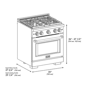 ZLINE Designer Collection 30 in. 4.2 cu. ft. Paramount Gas Range with 4 Burner DuoPro™ Cooktop and Convection Gas Oven in Black Satin Stainless Steel with Matte Black and Champagne Bronze Accents (PSGRBSZ-30-MBCB) dimensional diagram.
