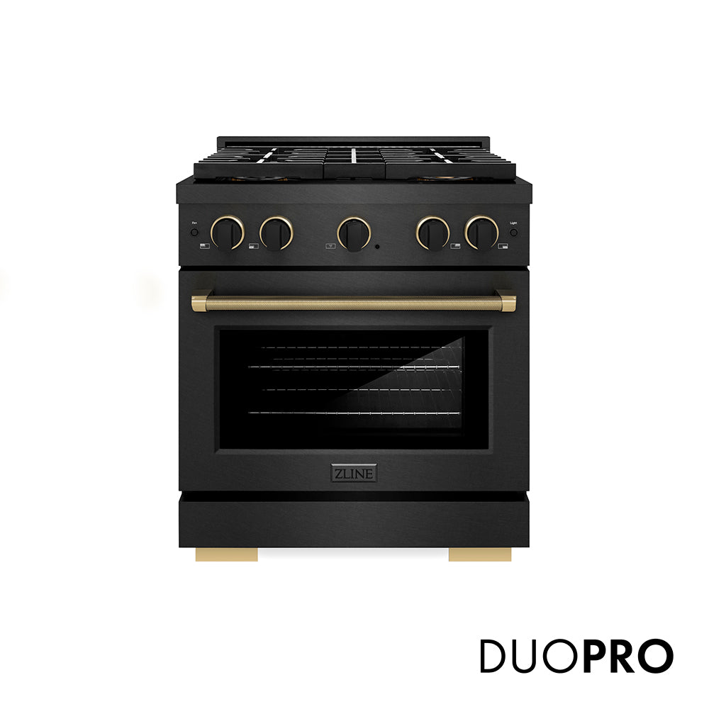 ZLINE Designer Collection 30 in. 4.2 cu. ft. Paramount Gas Range with 4 Burner DuoPro™ Cooktop and Convection Gas Oven in Black Satin Stainless Steel with Matte Black and Champagne Bronze Accents (PSGRBSZ-30-MBCB) front, with DuoPro™ logo.