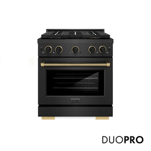 ZLINE Designer Collection 30 in. 4.2 cu. ft. Paramount Gas Range with 4 Burner DuoPro™ Cooktop and Convection Gas Oven in Black Satin Stainless Steel with Matte Black and Champagne Bronze Accents (PSGRBSZ-30-MBCB) front, with DuoPro™ logo.