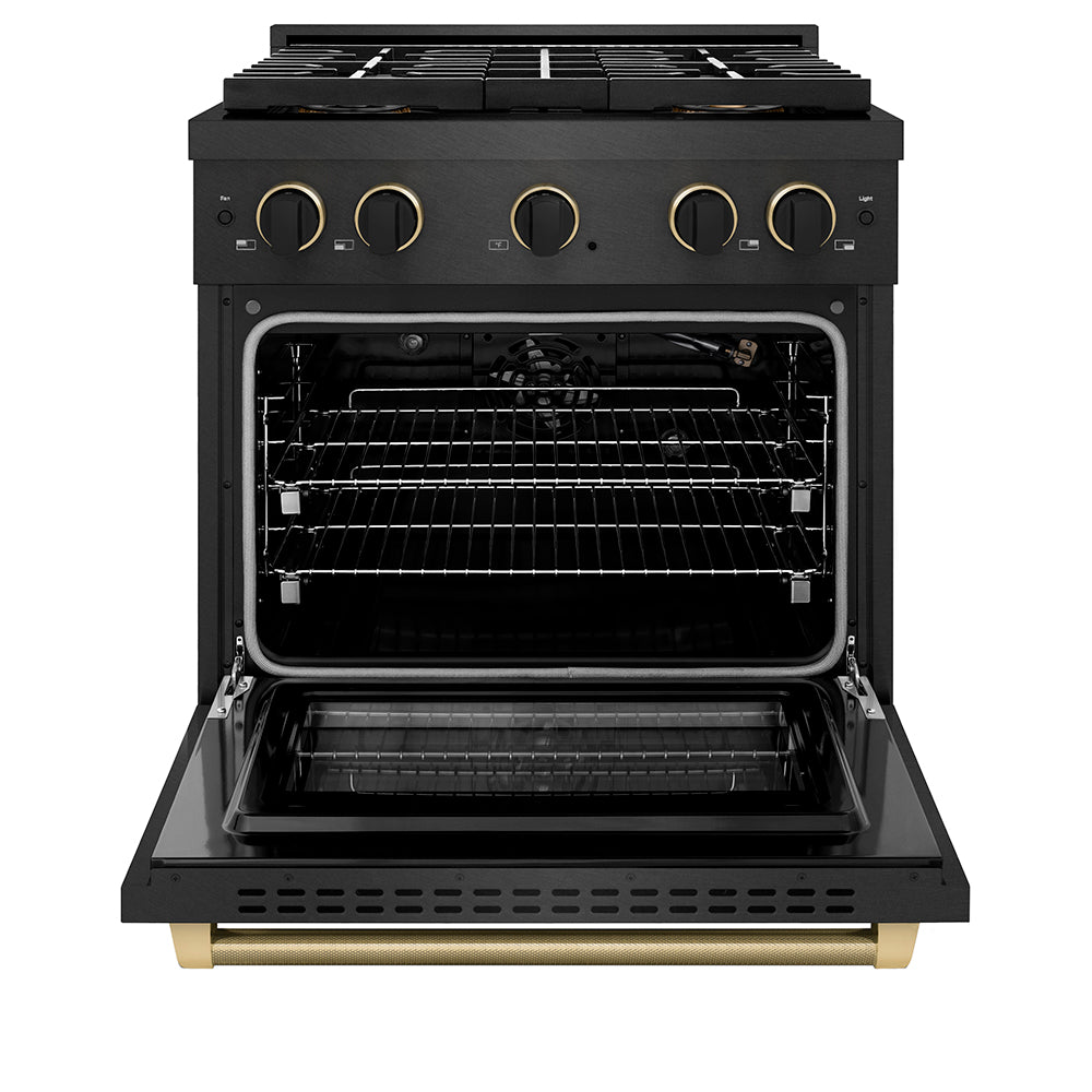ZLINE Designer Collection 30 in. 4.2 cu. ft. Paramount Gas Range with 4 Burner DuoPro™ Cooktop and Convection Gas Oven in Black Satin Stainless Steel with Matte Black and Champagne Bronze Accents (PSGRBSZ-30-MBCB) front, oven open.