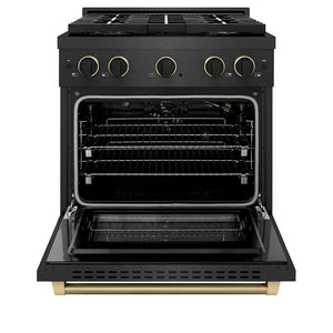 ZLINE Designer Collection 30 in. 4.2 cu. ft. Paramount Gas Range with 4 Burner DuoPro™ Cooktop and Convection Gas Oven in Black Satin Stainless Steel with Matte Black and Champagne Bronze Accents (PSGRBSZ-30-MBCB) front, oven open.