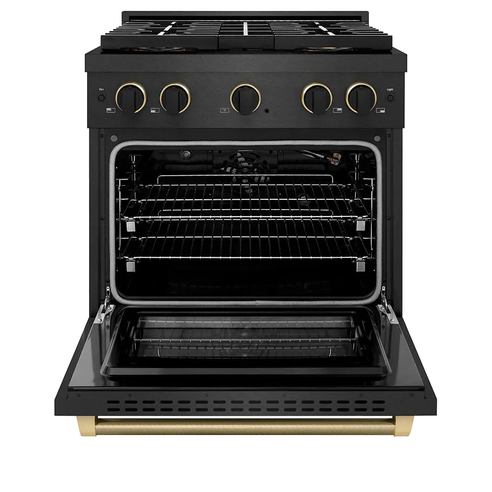 ZLINE Designer Collection 30 in. 4.2 cu. ft. Paramount Gas Range with 4 Burner DuoPro™ Cooktop and Convection Gas Oven in Black Satin Stainless Steel with Matte Black and Champagne Bronze Accents (PSGRBSZ-30-MBCB) front, oven open.